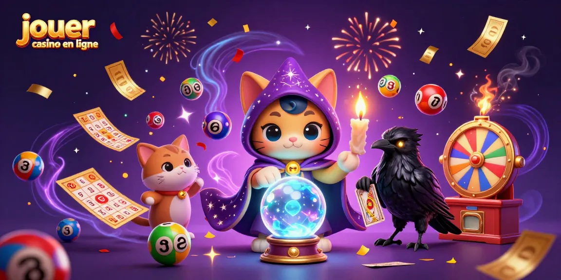 Jouer au casino en ligne avec une illustration colorée de personnages mystiques autour de loteries et jeux de casino.