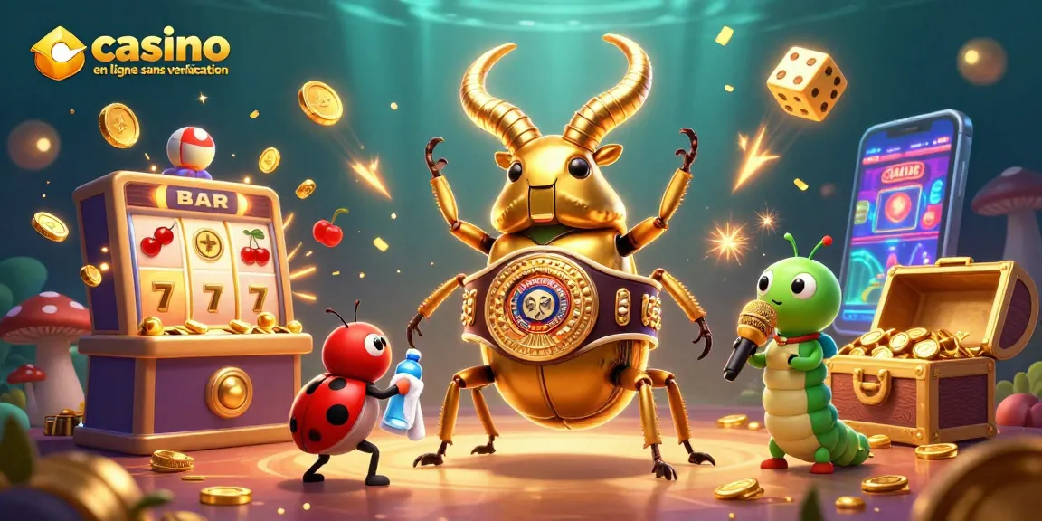 Illustration dynamique de casino en ligne sans vérification avec des personnages de combat entourés de jackpots et d'effets colorés.