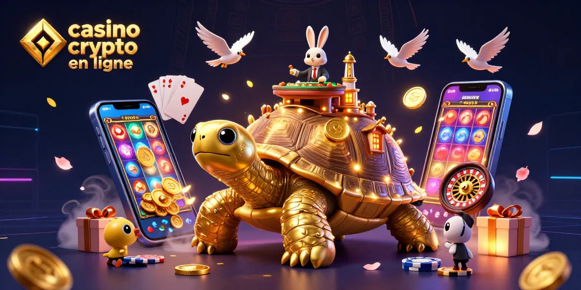 Retrouvez le plaisir du casino crypto en ligne avec une illustration 3D captivante, mettant en avant tortue dorée et croupier.