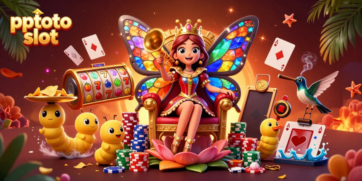 Pptoto slot showcases vibrant slot reels and a unique butterfly queen illustration in a festive casino scene.