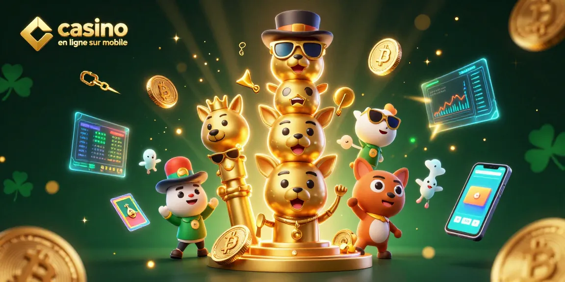 Jouez à des jeux de casino en ligne sur mobile, avec un totem animé entouré de pièces de crypto-monnaie.