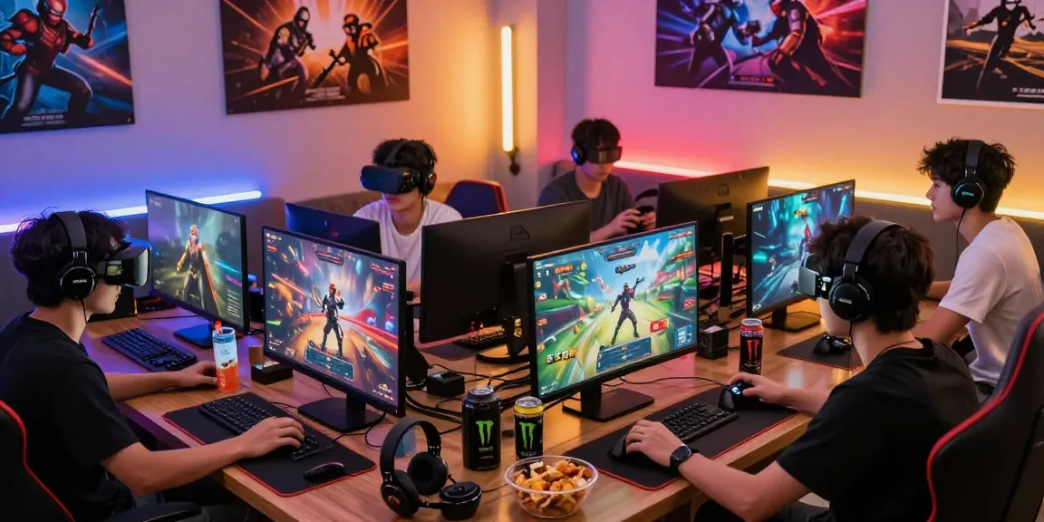 Friends enjoying a gaming session together on 7meter, surrounded by vibrant gaming accessories and tech.