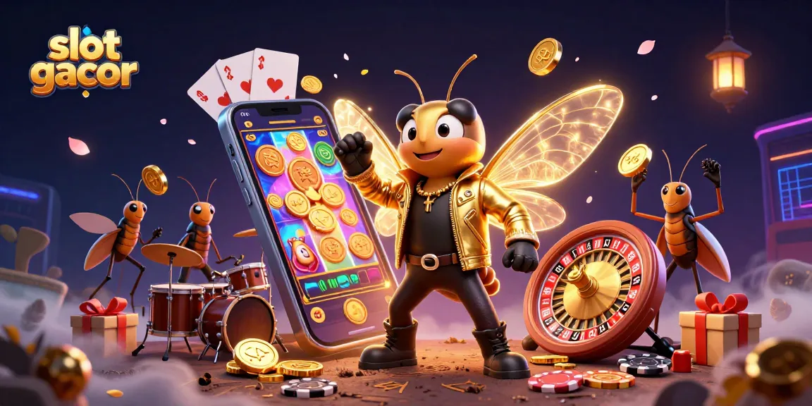 Engage with slot gacor dynamics featuring a cicada rock star and vibrant slot game elements.
