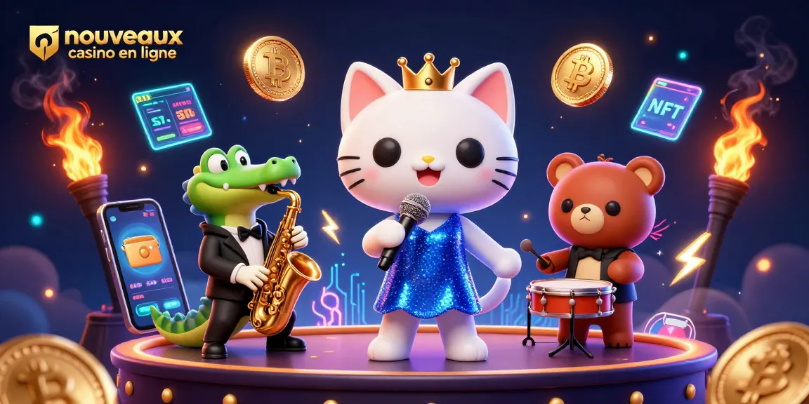Vivez l'expérience des nouveaux casinos en ligne avec une illustration vivante de personnages animés et de cryptomonnaies.