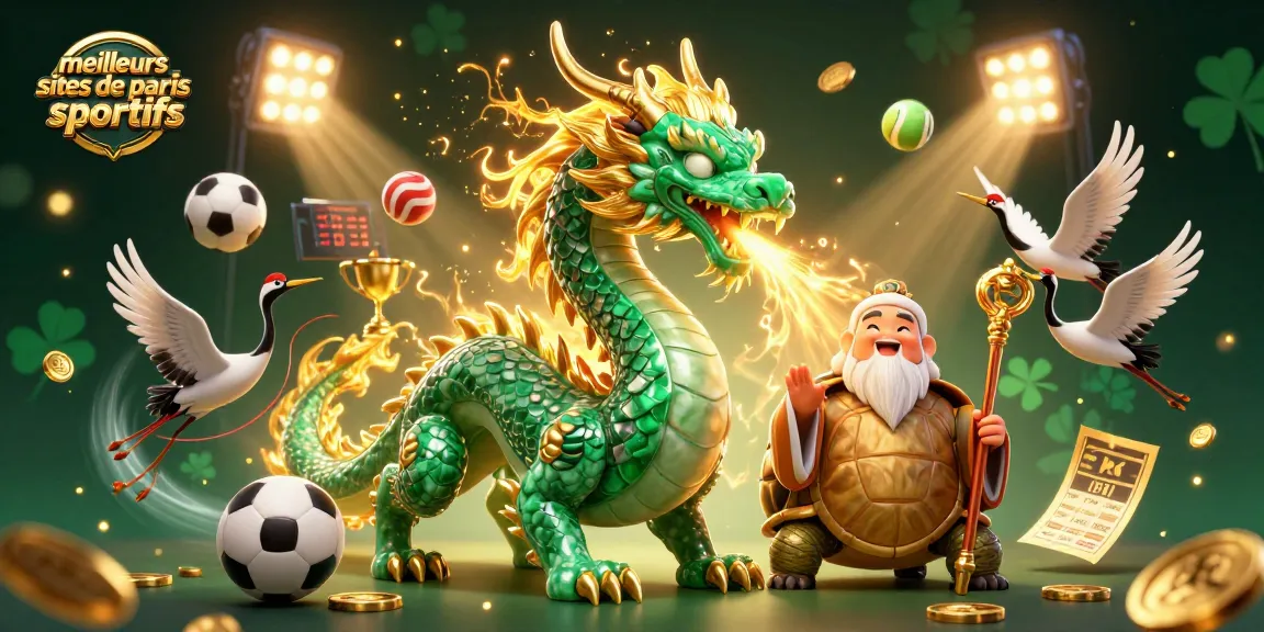Visualisez les meilleurs sites de paris sportifs avec un dragon émeraude, un sage et des ballons de sport animés.