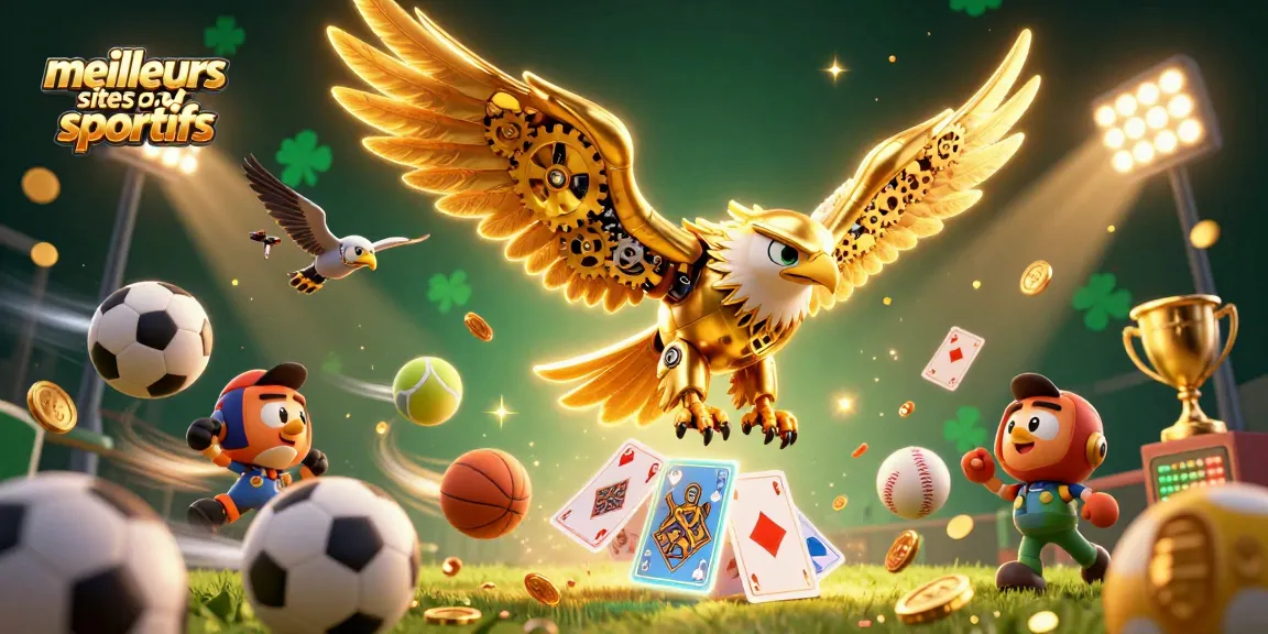 Image illustrant les meilleurs sites de paris sportifs avec un aigle doré et des éléments sportifs dynamiques.
