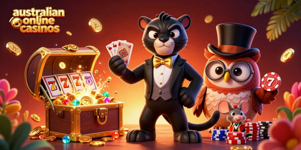 Experience action at australian online casinos with a stylish panther dealer, colorful slot elements, and vibrant ocean backdrop.