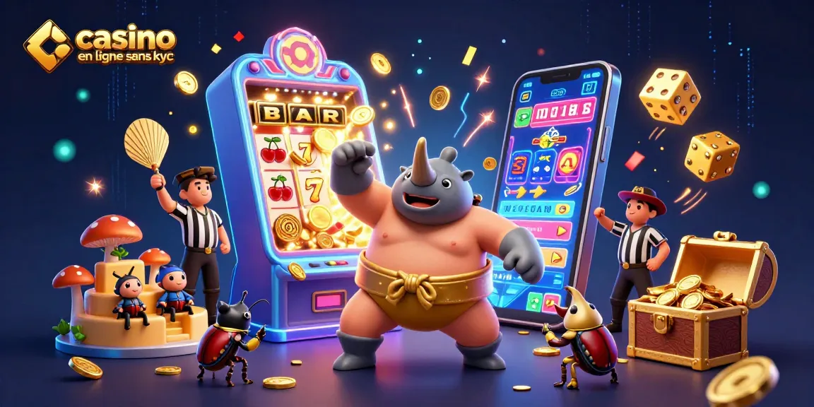Illustration dynamique de casino en ligne sans KYC, avec des bugs et des pièces d'or volantes.