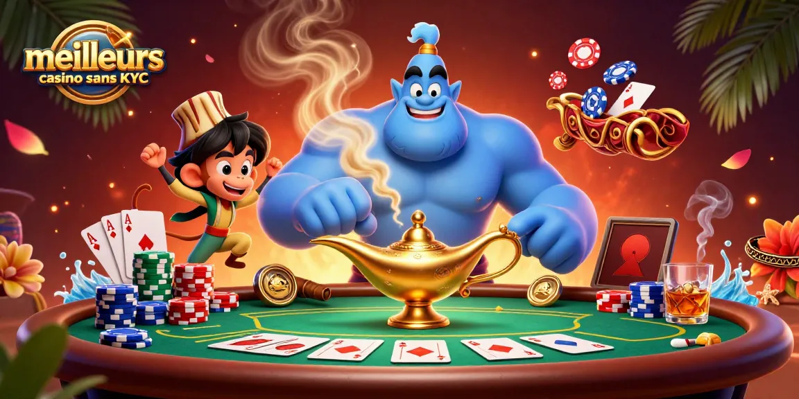 Visualisez les meilleurs casino sans KYC avec un génie, un singe et des jetons au poker.
