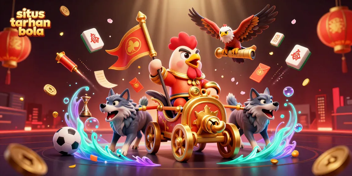 Engage with situs taruhan bola in vivid action featuring a rooster warlord surrounded by exciting betting elements.