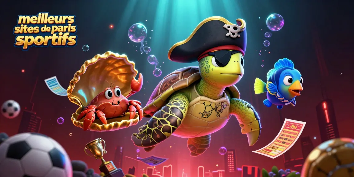 Représentation dynamique de la tortue pirate et d'autres personnages valorisant les meilleurs sites de paris sportifs dans une scène colorée