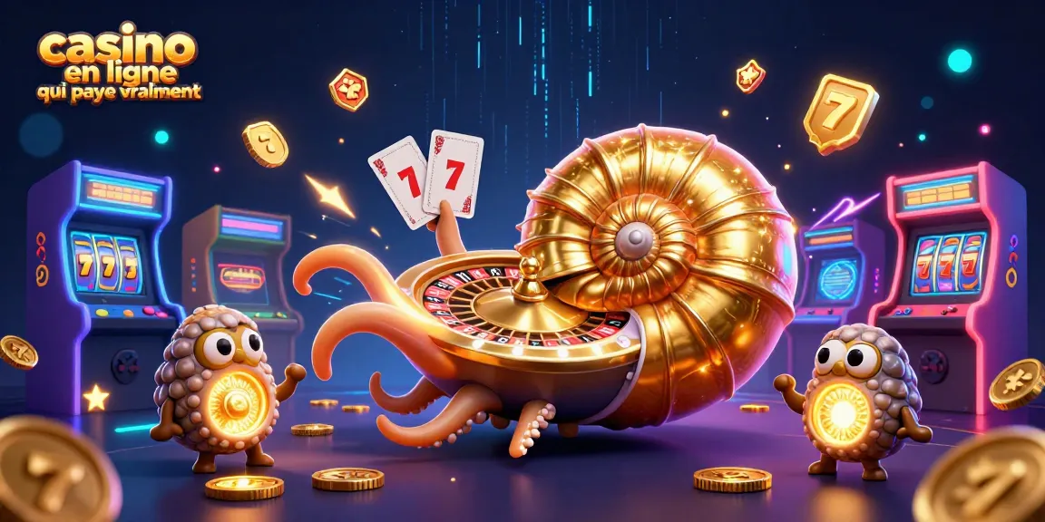 Visuel d'un casino en ligne qui paye vraiment avec un nautilus, machines à sous, et éléments lumineux.