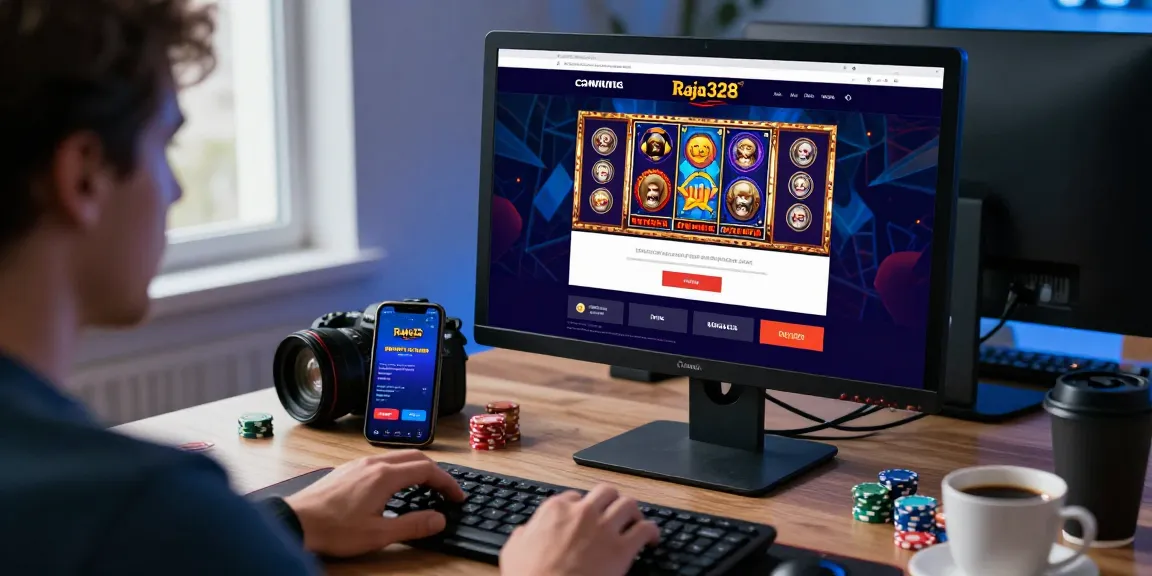 User engaged in login raja328 on a computer, vibrant gaming graphics displayed, inviting workspace atmosphere.