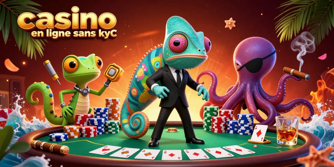 Image dynamique représentant un chameleon agent secret avec des éléments de casino en ligne sans kyc autour de lui, captivant.