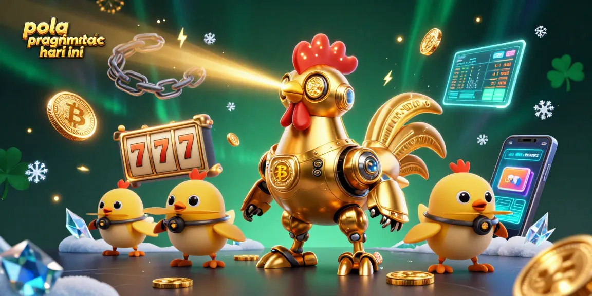 Engaging scene with pola pragmatic hari ini elements featuring golden rooster robot and cryptocurrency coins.