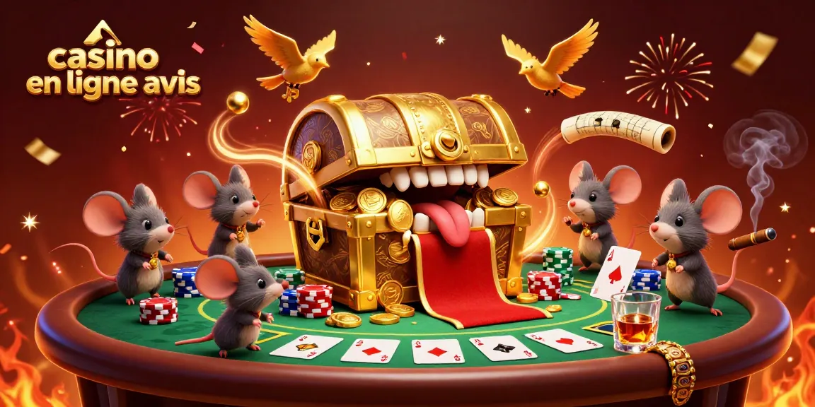 Illustration 3D d'un coffre au trésor doré attirant des souris aventurières, avis de casino en ligne inclus.