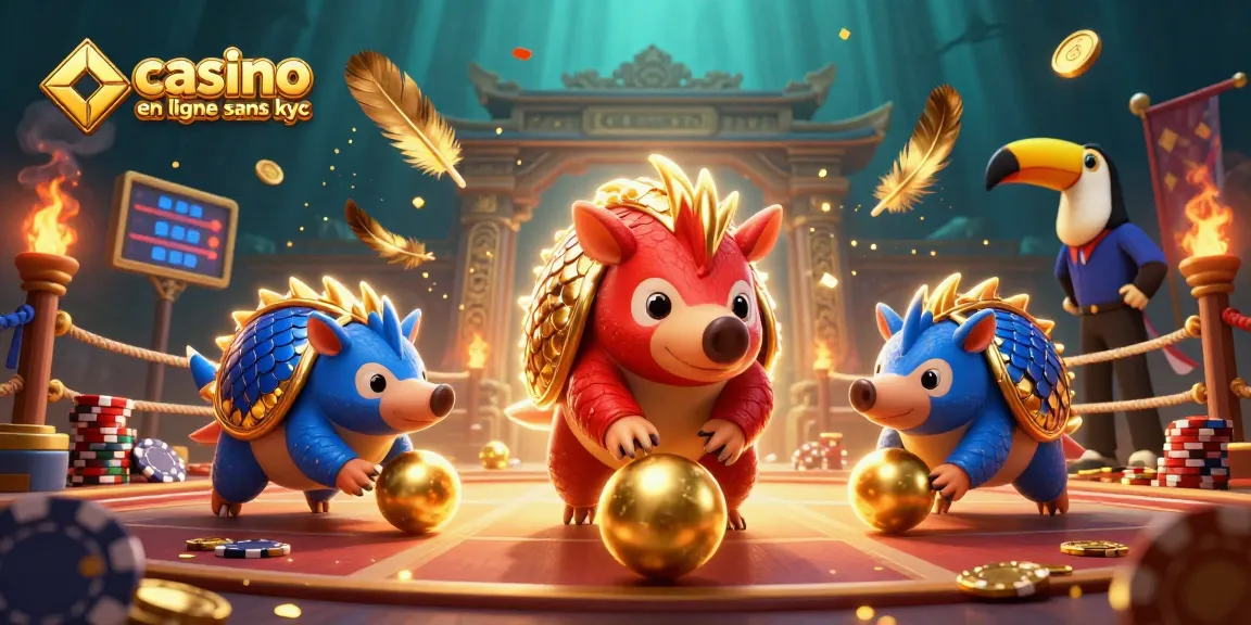 Jouer dans un casino en ligne sans KYC, dans une scène animée avec des pangolins et des jetons de poker.