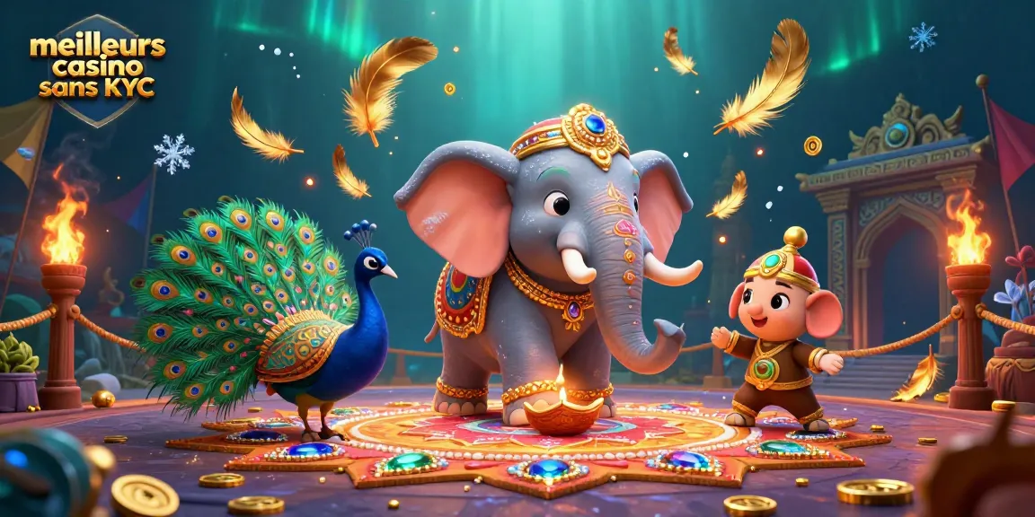 Illustration dynamique de l'univers des meilleurs casinos sans KYC, avec un éléphant Diwali et des éléments de jeu colorés.
