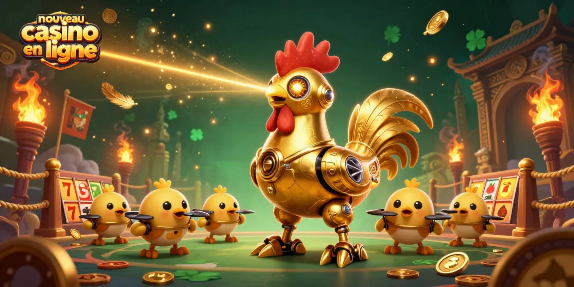 Image d'un nouveau casino en ligne avec un robot poulet et des drones, créant une expérience de jeu dynamique.
