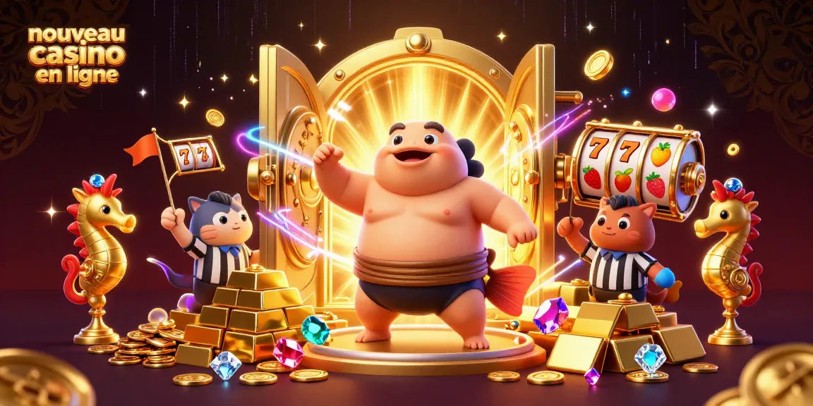 Illustration dynamique présentant un nouveau casino en ligne avec un fugu cartoon et des jeux de machine à sous.