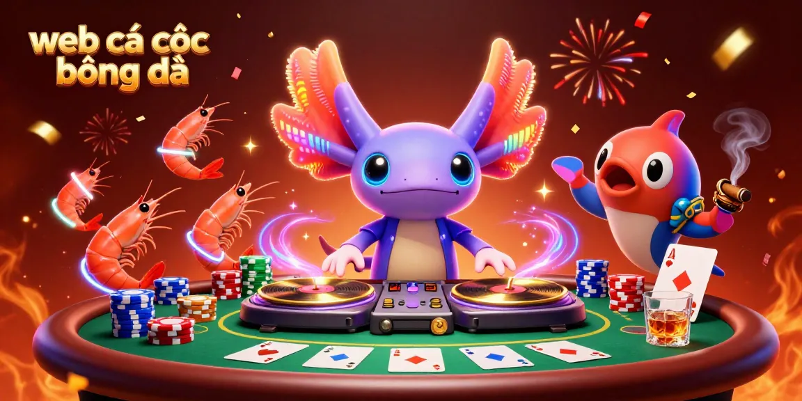 Engaging scene depicting web cá cược bóng đá with a vibrant axolotl DJ and animated shrimp.