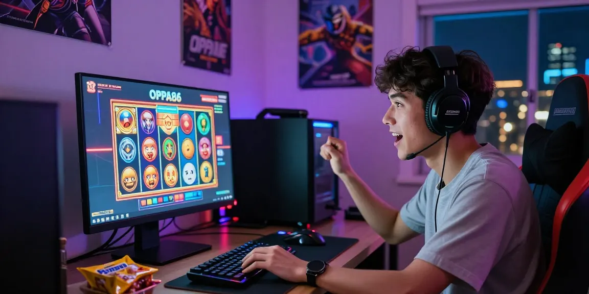 Player enjoying OPPA86 online slot games in a vibrant gaming setup.