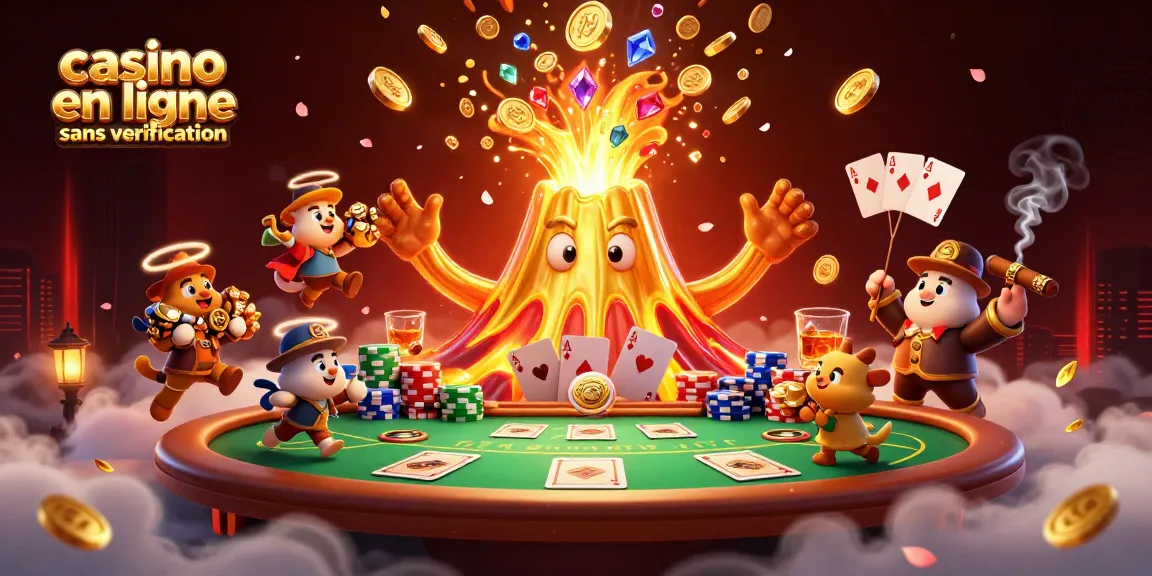 Illustration de casino en ligne sans vérification, avec un volcan doré éruptant de trésors.