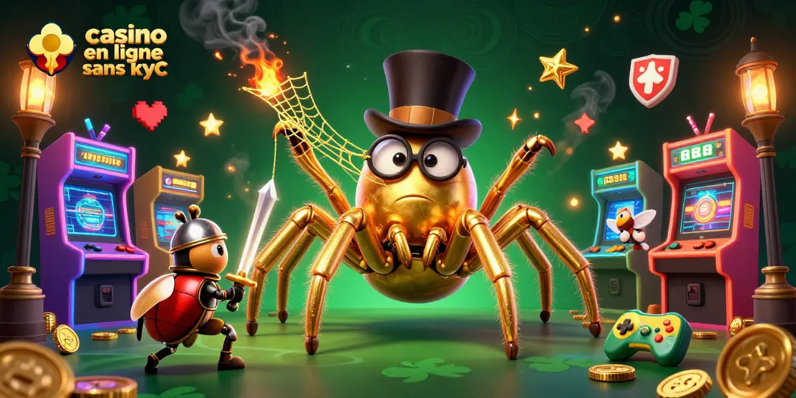 Une illustration colorée représentant une araignée dorée symbolisant le casino en ligne sans kyc, à côté d'un chevalier scarabée.