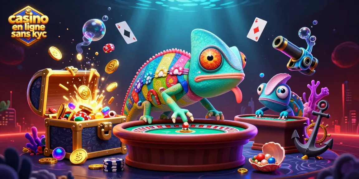 Jouez au casino en ligne sans KYC avec une illustration captivante mettant en scène un propriétaire caméléon coloré et des éléments de jeu.