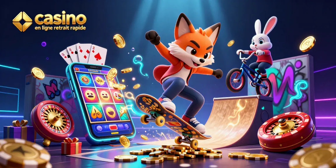 Découvrez l'illustration dynamique du "casino en ligne retrait rapide" avec un renard sur skate et un lapin BMX.