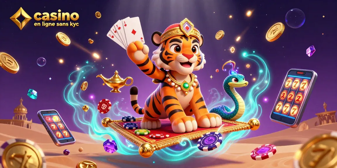 Une illustration 3D colorée présentant un tigre sultan sur un tapis de poker, mettant en avant le casino en ligne sans KYC.