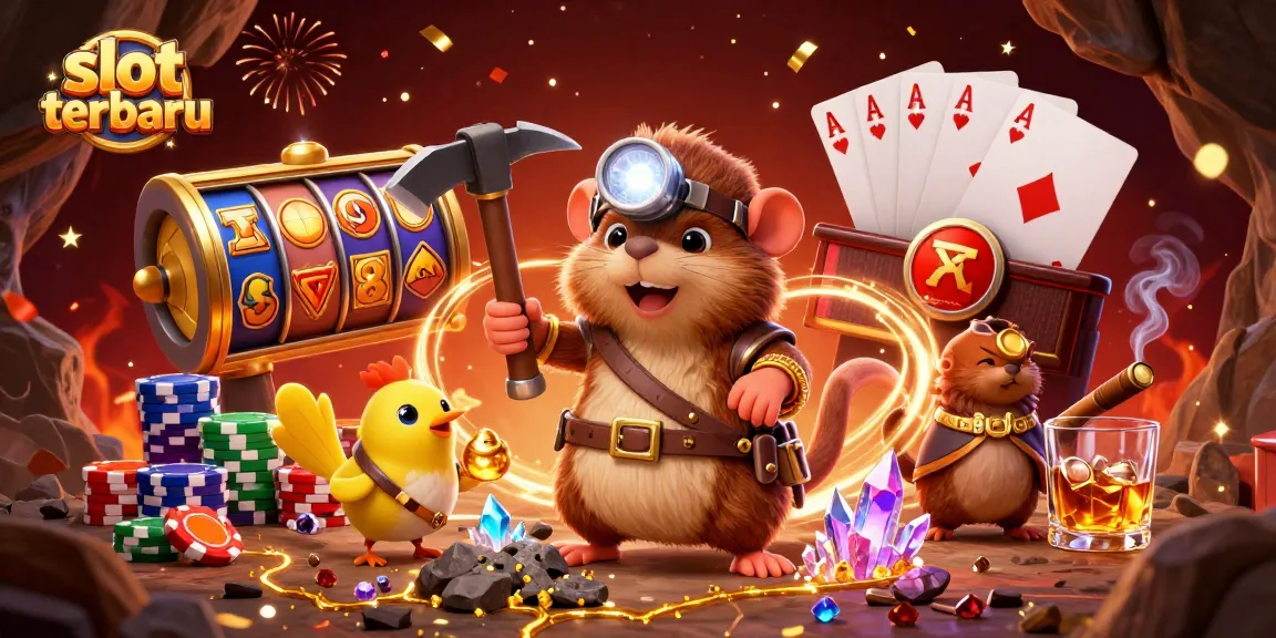 Spin the slot terbaru reels with excitement in this vibrant 3D illustration filled with treasure and poker elements.