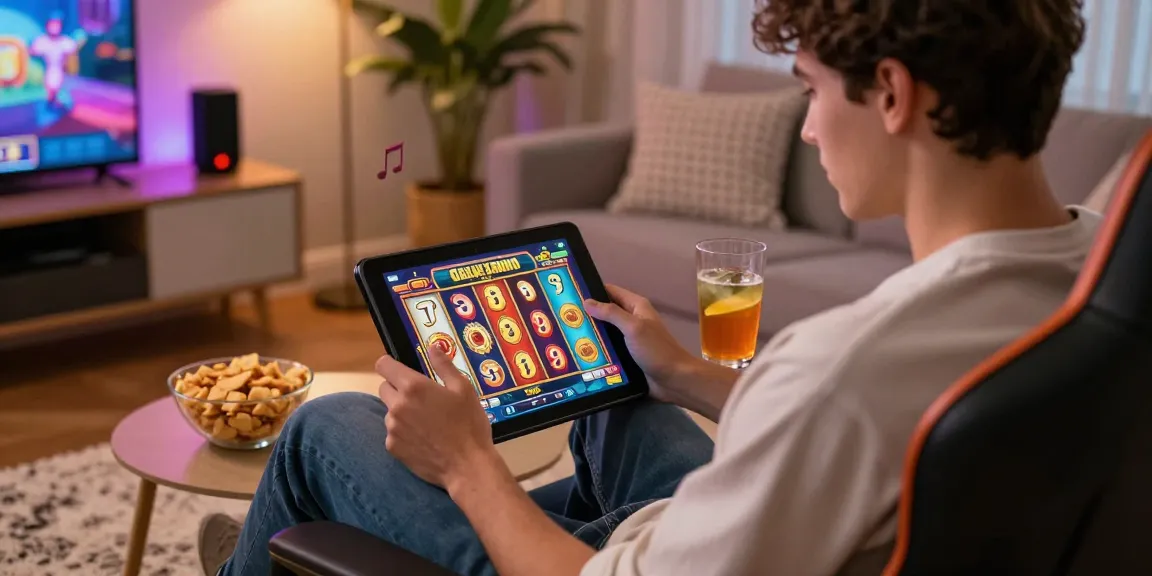 Player enjoying Great Rhino Megaways on a tablet in a cozy gaming environment with snacks.