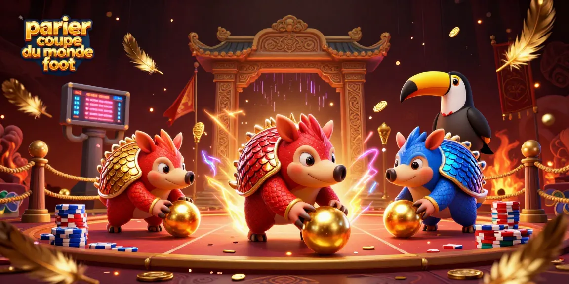 Parier à la Coupe du Monde de football avec une illustration animée de pangolins et des éléments de jeu fascinants.
