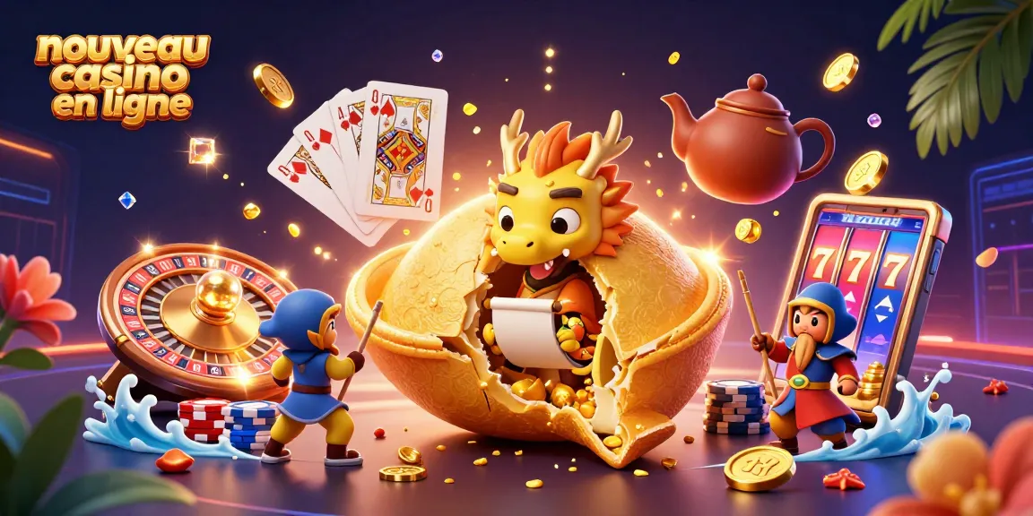 Illustration dynamique d'un nouveau casino en ligne avec des frais bruyants et dorés, symboles de victoire.