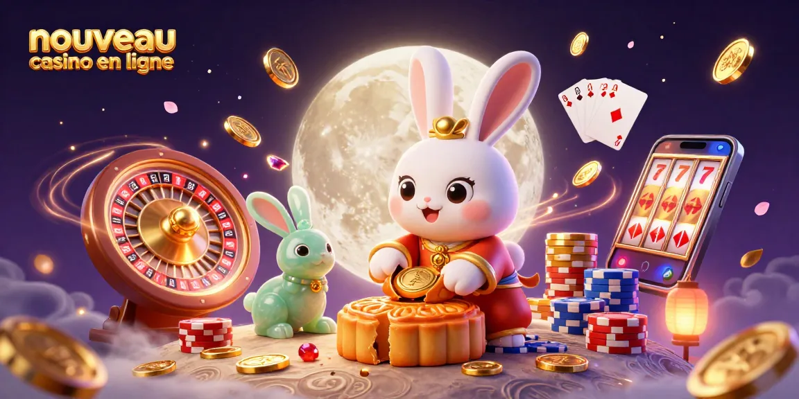 Illustration animée représentant un nouveau casino en ligne avec un lapin lunaire, des jetons de poker et des pièces d'or.
