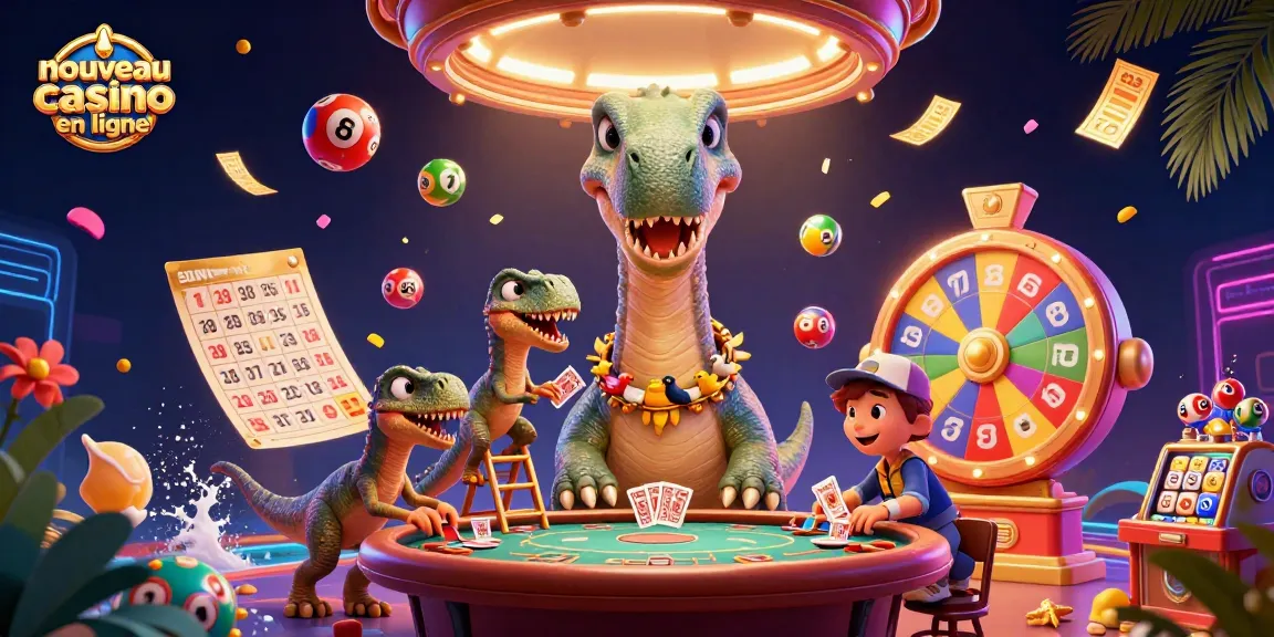 Visualiser un nouveau casino en ligne avec une illustration 3D d'un brontosaurus et un raptor jouant aux cartes.