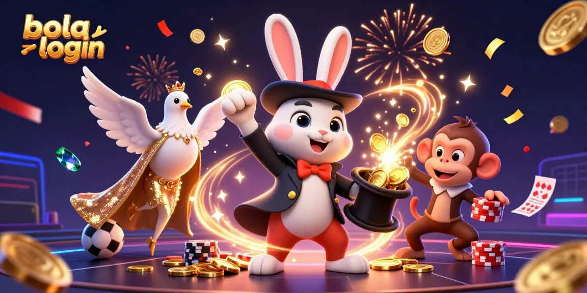 Bola login for seamless sports betting, featuring a magician rabbit, sequined dove, and pickpocket monkey.